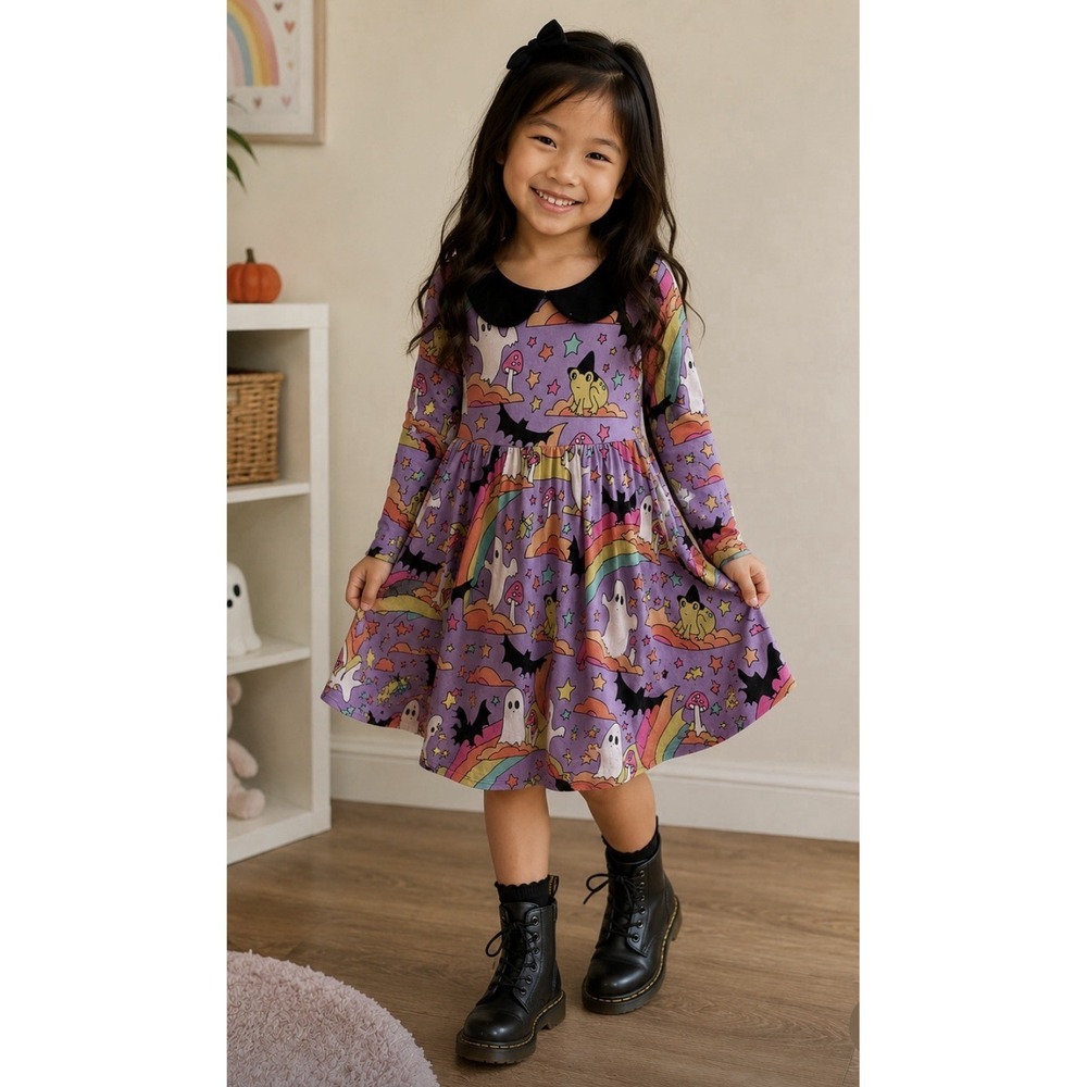 Mysterium EUC Halloween Twirl Dress Bamboo Size 5/6Y Pumpkin Frogs Holiday